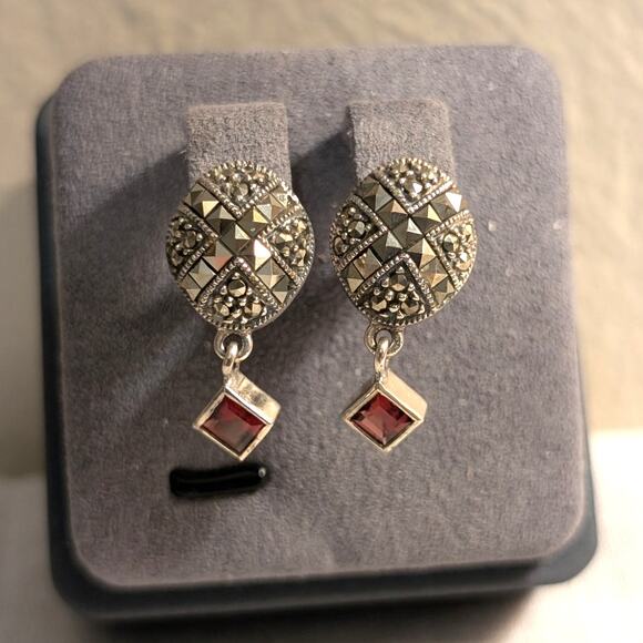 Vintage AT Sterling Marcasite Garnet Crystal Dangle Earrings - Picture 1 of 6